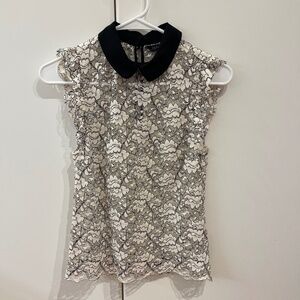 ZARA Ivory-white with black lace sleeveless top Peter pan collar size XS